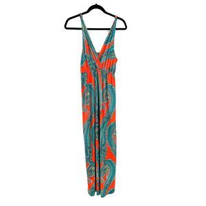 TRIUMPH Teal Blue Orange Paisley Faux Wrap Tank Sleeveless Maxi Dress Size Large